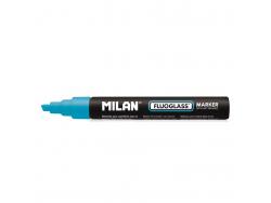 Milan Fluoglass Rotulador Superficies Lisas - Punta Biselada - Trazo de 2 - 4mm - Tinta al Agua - Borrado Facil - Color Azul