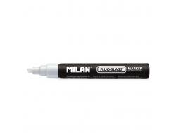 Milan Fluoglass Rotulador para Superficies Lisas  - Punta Biselada - Trazo de 2 a 4mm - Tinta al Agua - Borrado Facil - Color Blanco