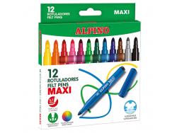 Alpino Pack de 12 Rotuladores Gruesos Maxi - Punta de 6mm - Superlavables, Resistentes, Duraderos y de Colores Brillantes - Ideal para Uso Escolar - Colores Surtidos