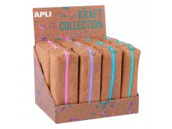 Apli Kraft Collection Expositor de 12 Estuches Compactos con Cremallera de Colores Pastel - Estuches de 185x75x55mm con Gran Capacidad, Flexibilidad y Resistencia - Cremallera Esmaltada, Facil de Limpiar y Resistente al Agua