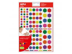 Apli Gomets Hexagonales Removibles - 3 Tamaños Surtidos - 624 Gomets por Bolsa - Desarrollo de Habilidades y Creatividad - Colores: Verde, Amarillo, Lila, Rojo, Naranja, Rosa y Azul