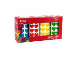 Apli Kids Pack de 4 Rollos de Gomets Corazon - 7.080 Gomets en Total - Adhesivo Base Agua - Libre de Disolventes - Materiales 100% Reciclables - Colores Rojo, Amarillo, Azul y Verde