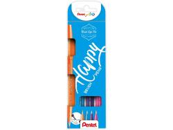 Pentel Brush Sing Pen Happy Pack de 4 Rotuladores con Punta de Pincel - Lineas Finas o Gruesas dependiendo de la Presion - Fabricados con 81% de Plasticos Recicldos - Colores Azul Cielo, Naranja, Violeta y Rosa