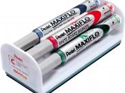 Pentel Maxiflo Pack De 4 Rotuladores Para Pizarra Blanca + Borrador Magnetico - Punta De Bala - Ancho De Linea 2Mm - Regulacion Del Flujo De Tinta - Colores Negro, Azul, Rojo Y Verde